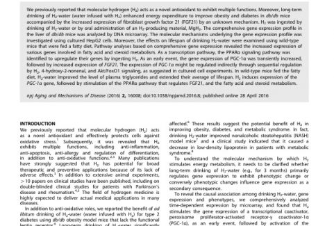 「Molecular hydrogen stimulates the gene expression of transcriptional coactivator PGC-1α to enhance fatty acid metabolism」「분자 수소는 PGC-1α 전사 인자의 유전자 발현을 자극하여 지방산 대사를 촉진시킨다.」